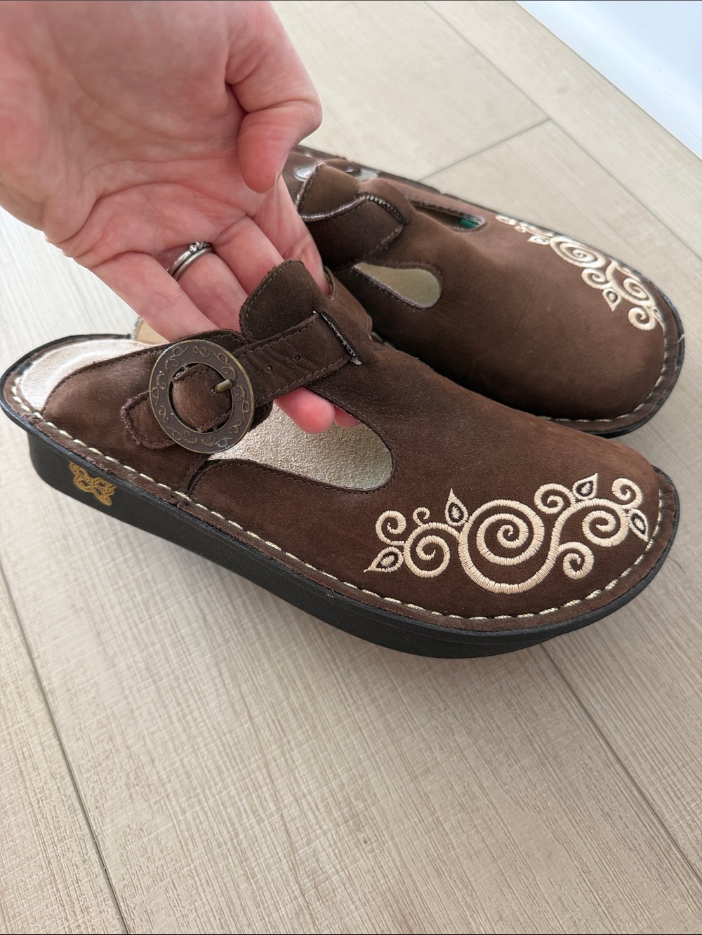 Alegria Brown Suede Embroidered Clog Mules with Buckle